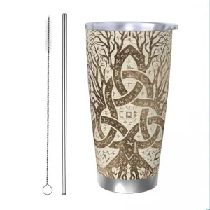 Gobelets Arbre de vie avec Triquetra Futhark Viking Tumbler Tasse thermique isolée sous vide Couvercle Paille Smoothie Tasse à thé Anti-déversement