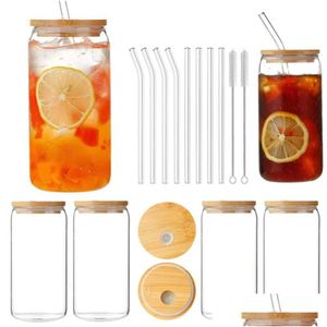 Tumblers Usa CA Entrepôt Bouteille en verre en gros avec couvercle en bambou St 16oz 500ml Pot de boisson d'eau Coupe de jus de lait Livraison à domicile Garde Dhjzs