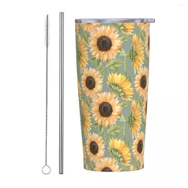 Tumblers A acuarela planta de girasol acero inoxidable tazas de flores de vaso taza de 20 oz de tazas térmicas bebidas botella de agua de té de leche