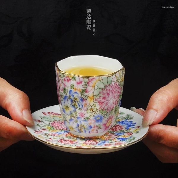 Vasos Taza de porcelana blanca con platillo Esmalte pintado a mano Estrella de oro Anís Té Cerámica Juego de Kungfu individual