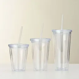 Gobelets avec couvercle et paille gobelet transparent Househo bouteille d'eau transparente double couche en plastique 350/450/650 ml tasse à café glacé usage domestique