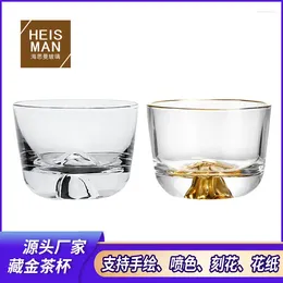 Vasos marchitos de cristal personalizados, taza de té de montaña dorada, borde dorado, cristal maestro, fondo de nieve, transparente