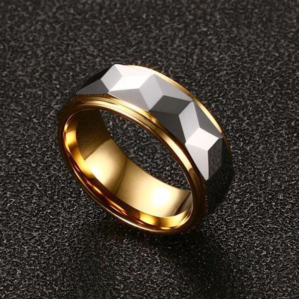 Bagues en tungstène en or jaune 14 carats, bague prisme multi-facettes pour homme, alliance 8 mm, ajustement confortable