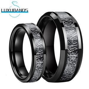 Tungsten carbide paar trouwringen afgeschuinde rand 8mm 6 mm zwarte meteoriet inleg gepolijste afwerking mannen dames sieraden mode 240401