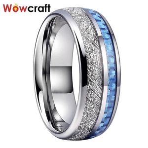Tungsten carbide ring voor mannen vrouwen trouwband lichtblauwe koolstofvezel meteoriet inleg gepolijst glanzend comfort fit 240423
