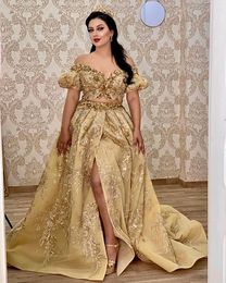 Tunisia Glitter Arabic Gold Evening Dresses Lace Appliques Front Split Two Pieces Prom Dress Short Sleeves Modern Special Ocn Gowns For Women