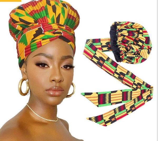 Turban chapeau Africain Ankara Modèle Satin Doublé Bonnet Femmes Long Ruban Headwrap Double Couche Foulard Grande Taille Adulte Couverture De Cheveux GC563