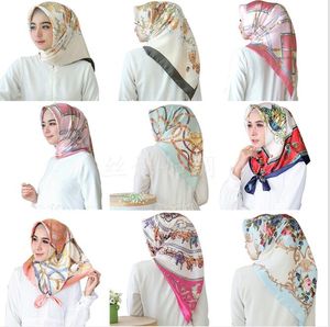 Tulband sjaals mode hoofddoek gezichtszijde satijn hijab sjaal voor vrouwen bloemen print hoofd afdrukken sjaals vrouw 90 * 90 cm moslims sjaals wraps 40 kleuren WMQ893