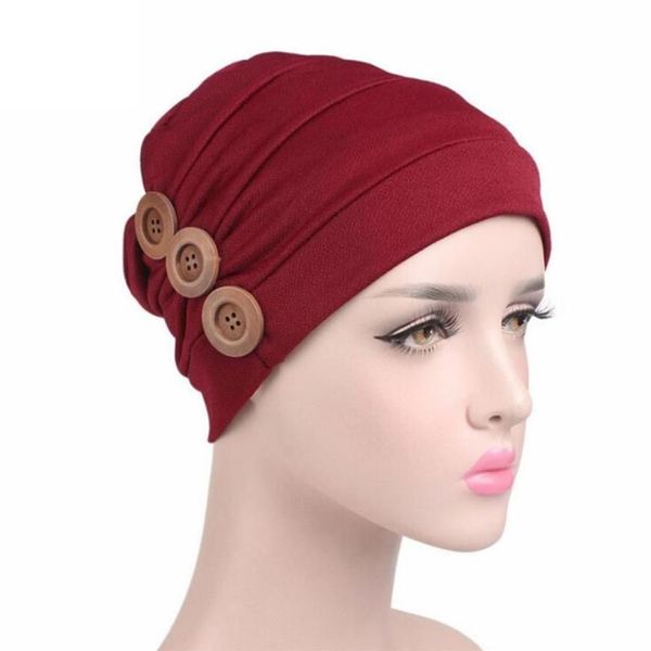 Turbano Bufff Cáncer Hat Mujeres Mujeres Femeninas Viento ROJO Red Bonnet Chimio Coton Turban Muslim Botón #800232E