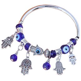 Pulseras de chakras de Palma de ojo malvado azul de pavo para mujeres y hombres, brazalete elástico, dijes de cuentas, pulsera, joyería de moda