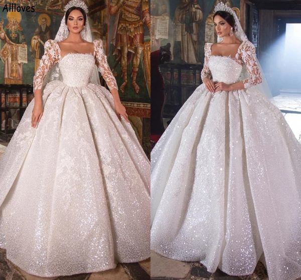 Turquía Dubai princesa árabe vestido de bola vestidos de novia para mujer Vintage cuello cuadrado manga larga vestido de novia Puff lentejuelas encaje Vestidos De Novia talla grande CL1872