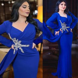 Turks Dubai Saoedi-Arabië Galajurken Koningsblauw V-hals Appliqué Kralen Speciale Gelegenheid Avondjurken Met Peplum Lange Mouwen Grote Maten Dames Formele Kleding CL2031