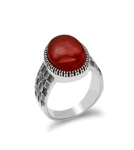 Turkije sieraden 925 Sterling Silver Big Natural RedBlack Agate Stone Ring voor mannen Thaise zilveren stijl vingerring mannelijke vrouwen5161334