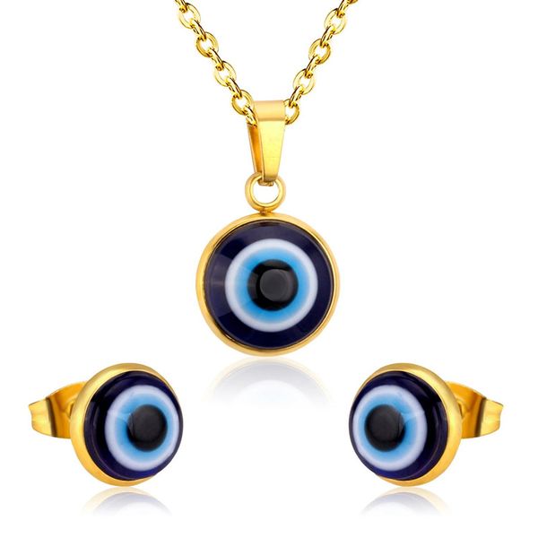 Kit azul turco, collares con colgante de ojos malvados, pendientes de tuerca, conjuntos de joyería de oro amarillo de 14k, regalo de fiesta de brujería, moda