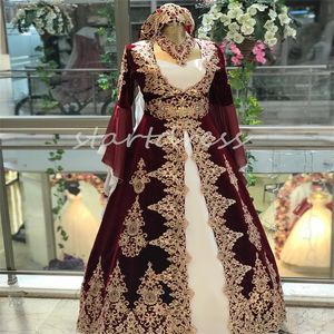 Robe de soirée arabe bordeaux turque 2024 appliques dorées dentelle caftan marocain Abayas robe de bal à manches longues robes De Novia occasion formelle robe de fête d'anniversaire