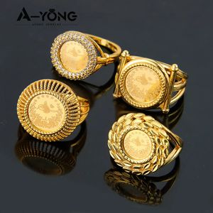 Bagues en or avec pièce de monnaie turque, plaqué or 18 carats, Zircon, dubaï, arabie saoudite, accessoires de fête de mariage pour femmes, 240202
