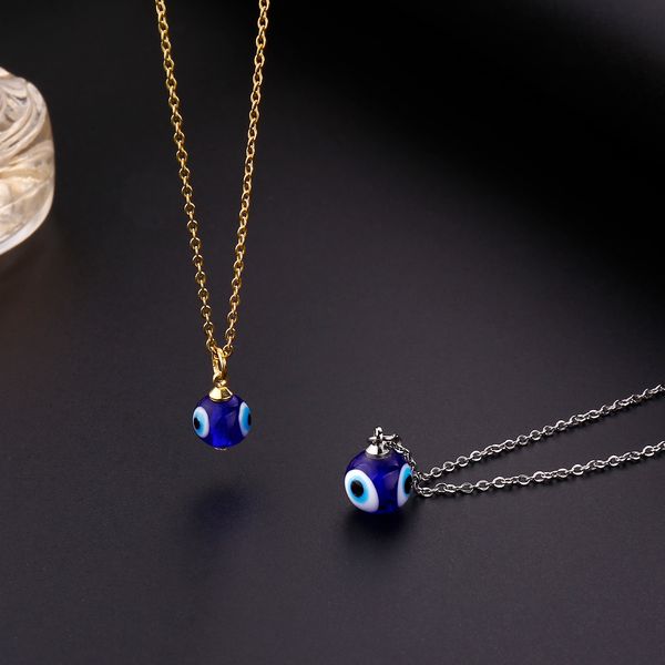 Turc mauvais œil 8mm 10mm couleur glaçure collier de perles yeux bleus en acier inoxydable clavicule chaîne collier femmes bijoux