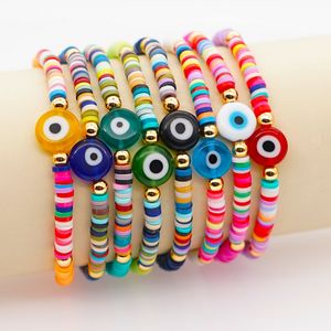 Pulsera turca con dije de mal de ojo para mujer, Pulseras de ojos griegos para mujer, brazalete con cuentas Vintage, arcilla polimérica, cuentas de disco Heishi, Pulseras, bisutería bohemia