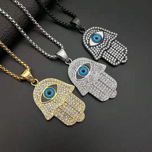 Collier turc mauvais œil Hamsa main de Fatima, pendentif glacé brillant, chaîne Hip Hop, bijoux pour femmes et hommes de haute qualité