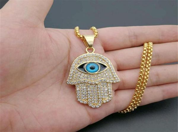 Collier pendentif turc mauvais œil Hamsa main de Fatima or acier inoxydable chaîne glacée Hip Hop femmes hommes bijoux 183K4763063