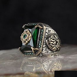 Chevalière turque pour hommes et femmes, couleur argent antique, aigle sculpté, incrustation de Zircon vert, moteur Punk Dhgarden Otsma