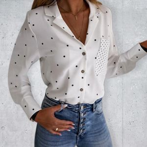 Turn-Down Collar Blouse Damesmode Casual Dot Print Tops Button met Pocket White Shirts Blusas Mujer de Moda 2022 # 42 Dames Blouses