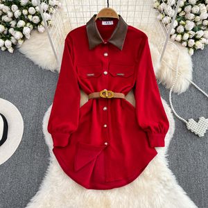 Col rabattu robes décontractées couleur contrastée à manches longues Robe Femme ceinture à simple boutonnage taille mince robes robes De Mujer élégant 2023