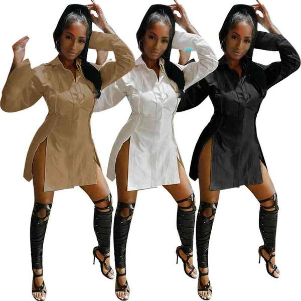 Turn-down Collar Single Breasted Split White manga larga de cintura alta camisa vestido Lady Sexy Mini Clubwear Robe Chemise Femme 210604