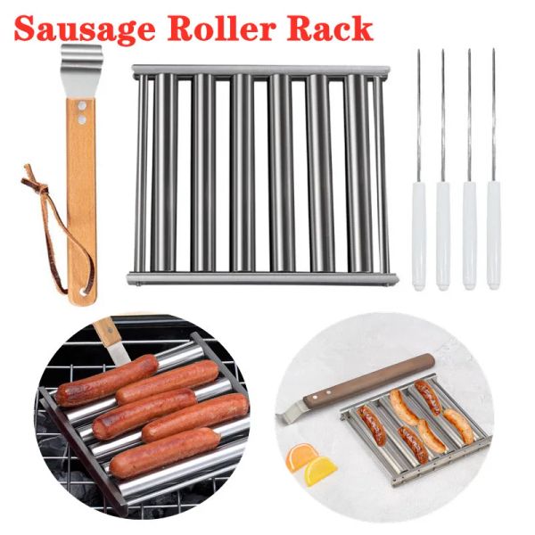 Turners Support à rouleaux de saucisses en acier inoxydable avec long manche en bois Camping en plein air Barbecue Hot Dog Roller Grill Rack BBQ Outil Accessoire