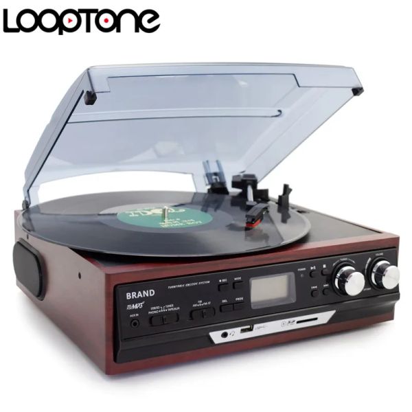 Tocadiscos LoopTone Bluetooth estéreo Phono tocadiscos vinilo LP tocadiscos con radio AMFM USB/SD Aux Cassette grabadora MP3 conector para auriculares