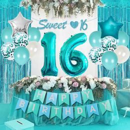 Turquoise 16e anniversaire Décorations Teal Teal Sweet 16 Banner Sash Curtain Numéro 16 Ballon pour fille 16 ans Fête d'anniversaire 240411