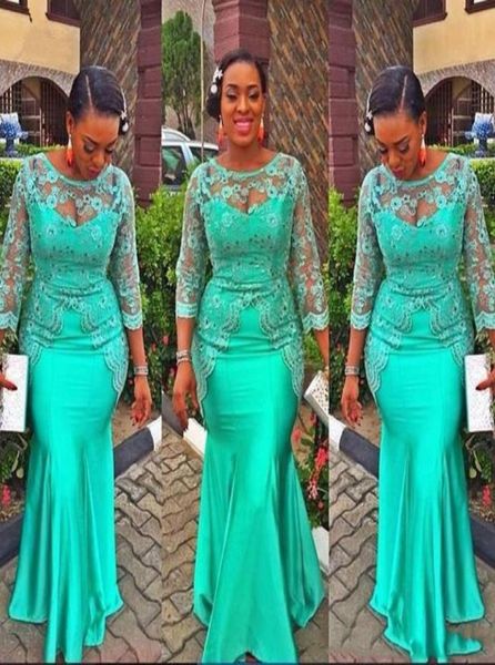 Vestido de noche de sirena africana turquesa 2019 Vestidos de fiesta de manga larga de encaje vintage Nigeria Vestidos de fiesta de noche estilo Aso Ebi 5411991