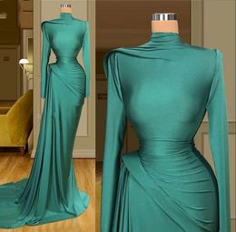 Turquoise Arabisch Aso Ebi Mermaid Avondjurken Hoge kraag lange mouwen eenvoudige elegante ruches moderne prom formele gelegenheid jurk