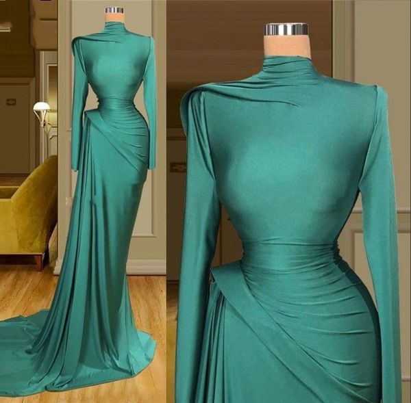 Turquoise Arabe Aso Ebi Sirène Robes De Soirée Col Haut Manches Longues Simple Élégant Ruché Moderne Robe De Bal Occasion Formelle