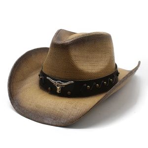 Turquoise Band décontracté creusée femmes hommes hommes unisex's Retro Raffia Paille large Brim Beach Cowboy Cowgirl Western Sun Hat (58 cm)