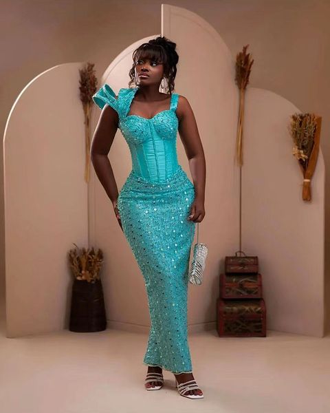 Spaghetti turquoise Spaghetti Aso Ebi Luxuy Robes de soirée pour femmes 2024 Corset Sirène Robes de bal