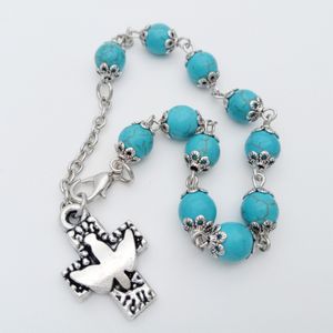 Turquoise kralen en vredesvogel Kruis Rose armband religieuze sieraden