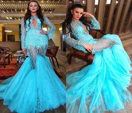 Turquoise Blue Mermaid Robes de bal Sexy Manches longues Robes de soirée Tulle Sweep Train Appliques Cocktail Robe Vestido de Fi7494271