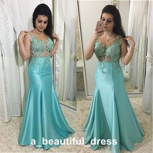 Turquoise blauw prom dresses appliques illusie lijfje lange satijnen feestjurk zeemeermin vrouwen formele jurken avondjurken ed1280