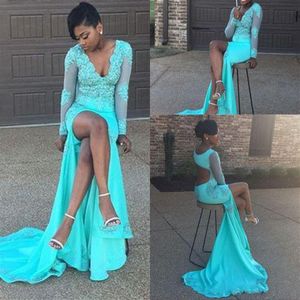 Robes de bal bleu turquoise sexy col en V profond dentelle appliques pure manches longues robes de soirée ouvert dos nu haut split cocktail par256j