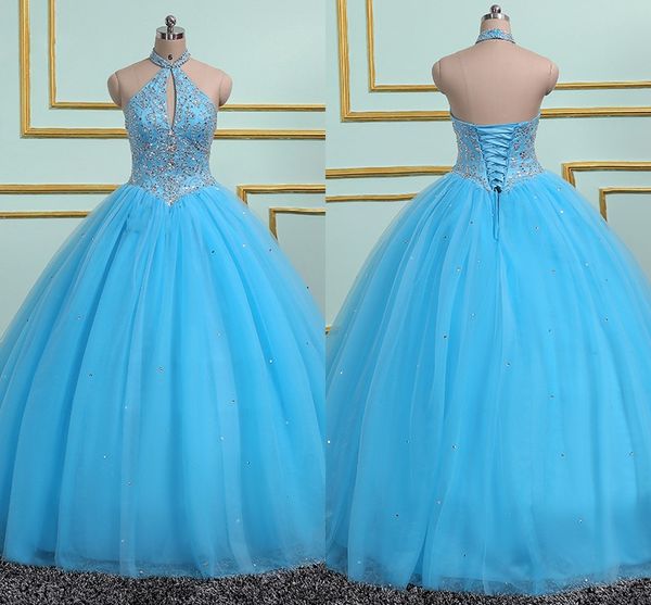 Turquoise Bleu Prom Quinceanera Dresse Halter Top Corset Retour Perlé Perles Paillettes Tulle Robes De Bal Pas Cher Femmes Robe Graduation