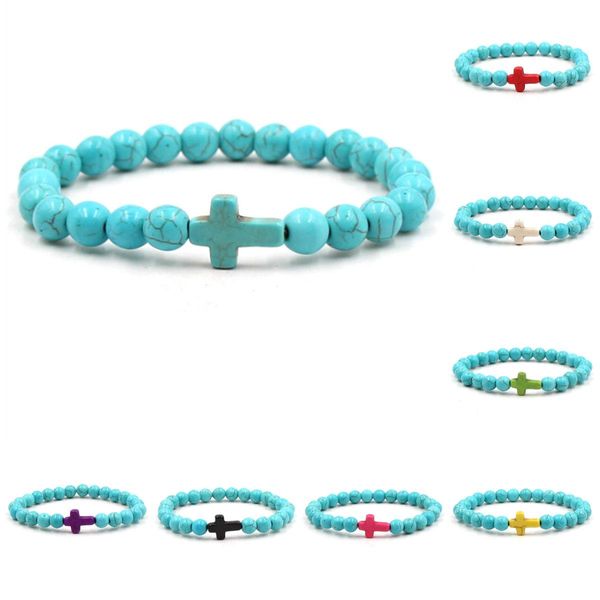 Bracelet Turquoise Hommes 8 MM Prière Bleu Turquoises Pierre Perles Bracelets pour Femmes bijoux de luxe Jésus croix bracelet