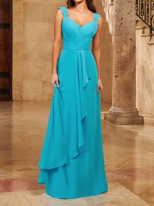 Robe de demoiselle d'honneur turquoise plissée drapée en mousseline de soie chérie sans manches fermeture éclair au dos longueur au sol