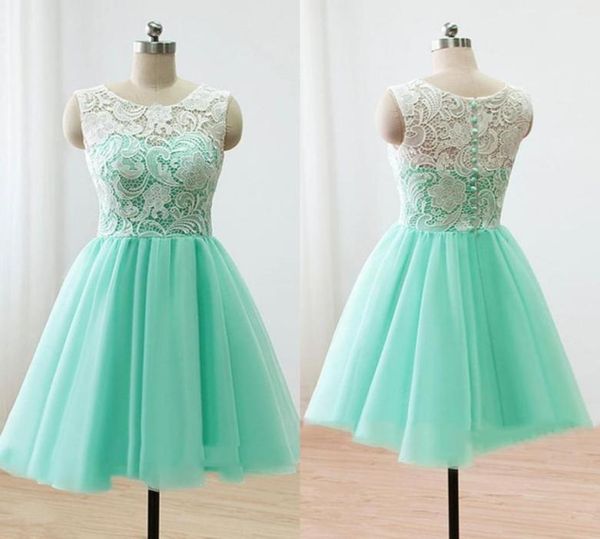 Robe de demoiselle d'honneur turquoise courte pas cher blanc ivoire dentelle haut jupe en tulle au-dessus du genou longueur robes d'invité de fête de mariage sans manches5499825