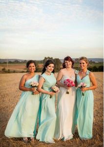Turquoise bruidsmeisje jurken chiffon een schouder bruidsmeisjes jurk mix stijl goedkope partij meisjes bruiloft meid van eer toga