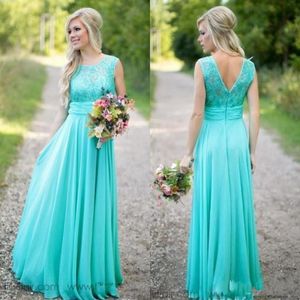 Turquoise bruidsmeisjes jurken pure juweel nek kanten top chiffon long country bruidsmeisje bruidsmeisje bruiloft gastenjurken ba1513