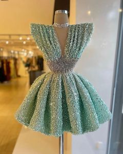 Turquoise cocktailjurk pailletten kralen taille korte prom jurken mini party homecoming speciale gelegenheid jurk
