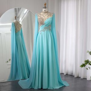 Turquoise Avond Sharon Said Crystal Blue Jurken Lange Kapmouwtjes Hoge Hals Arabische Vrouwen Trouwjurk Party Gown Ss207