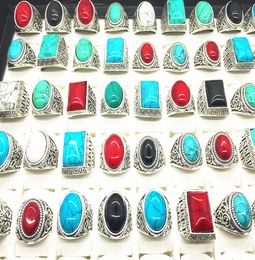 Turquoise Gemstone Ring Mix Style Antique Silver Vintage Stone Anneau pour homme Femmes Bijoux entiers Lots9191585