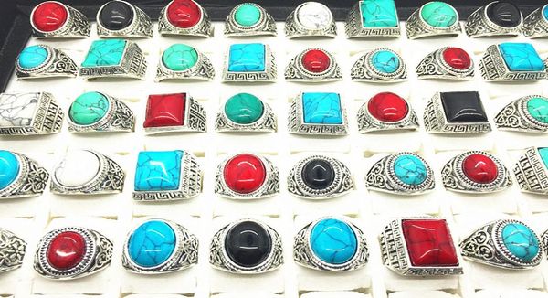 Turquoise Gemstone Ring Mix Style Antique Silver Vintage Stone Anneau pour homme Femmes Bijoux entiers Lots9963055